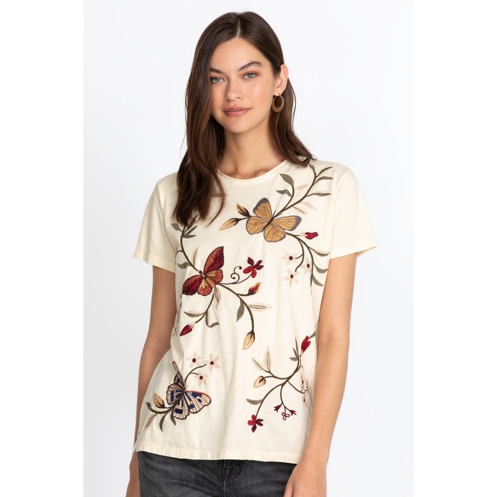 Johnny Was Penelope Cream Embroidered Butterfly Floral Cotton Tee Shirt Large